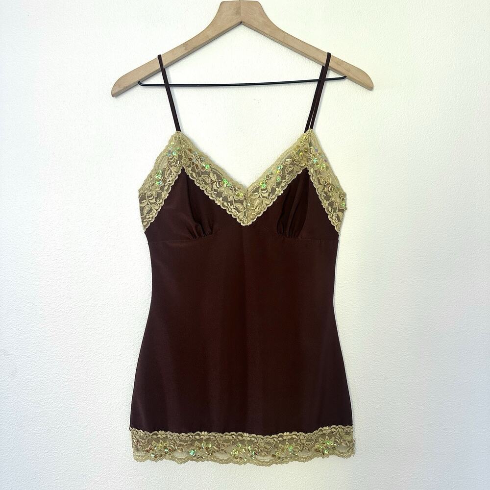 Vintage Y2K USA Made Babydoll Top Sz M Brown Lace Beaded Sequin Fairy Blu Heaven